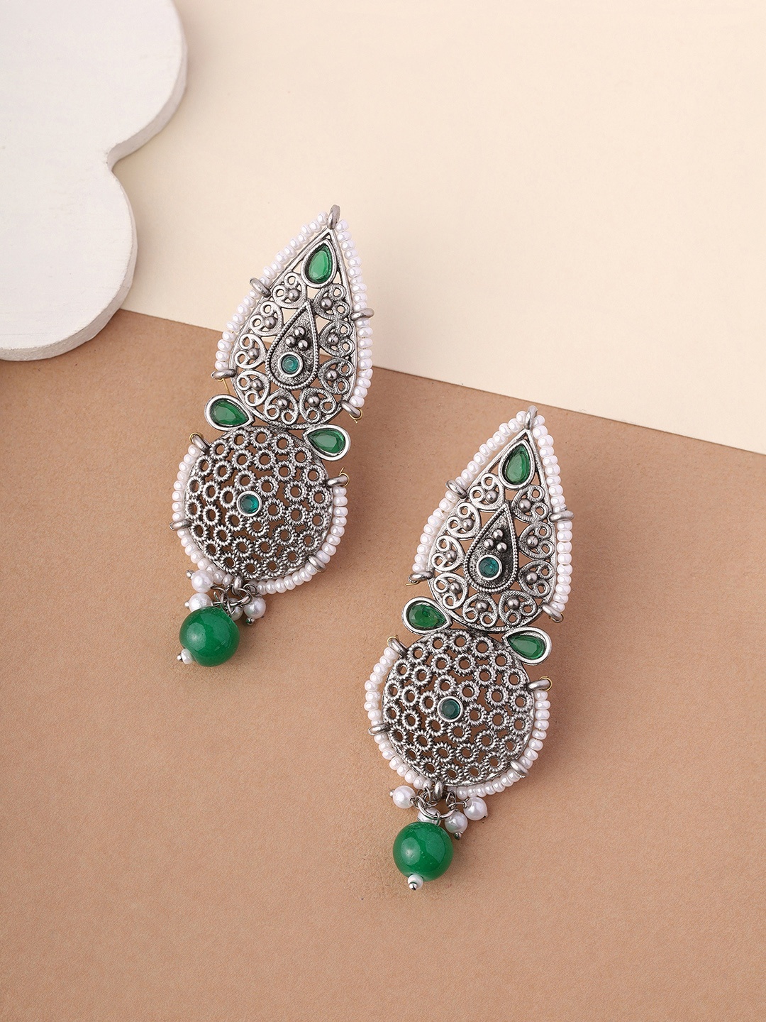 

Priyaasi Silver-Plated Kundan Studded Contemporary Drop Earrings, Green