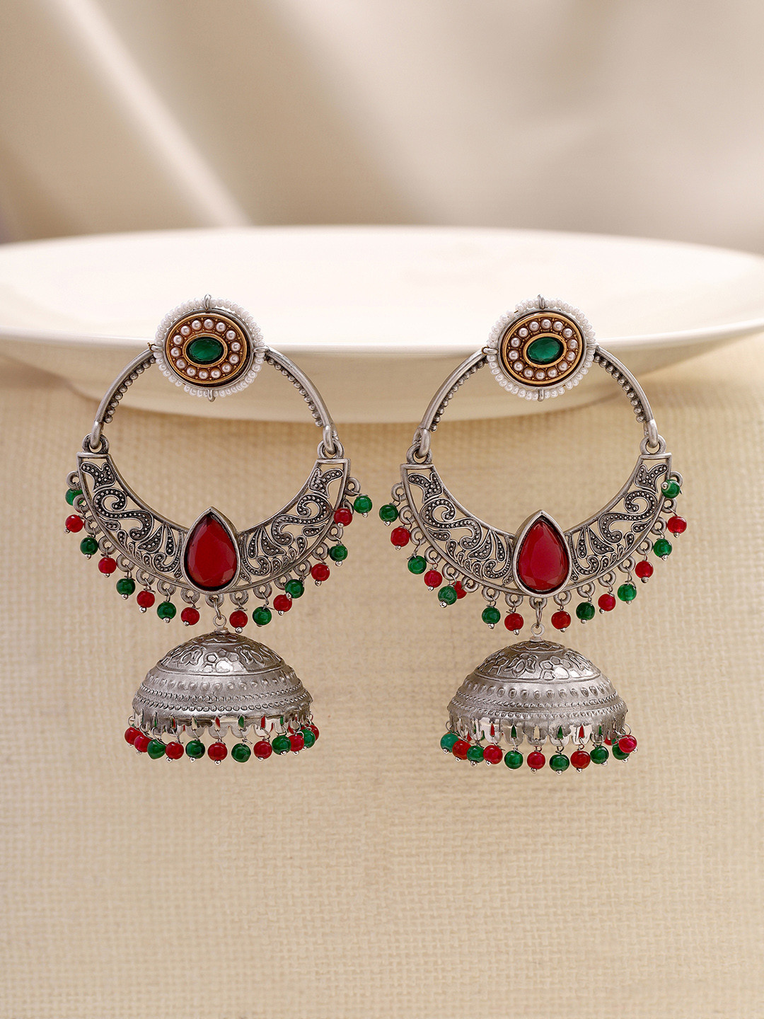 

Priyaasi Silver-Plated Stone Studded Contemporary Jhumkas, Green