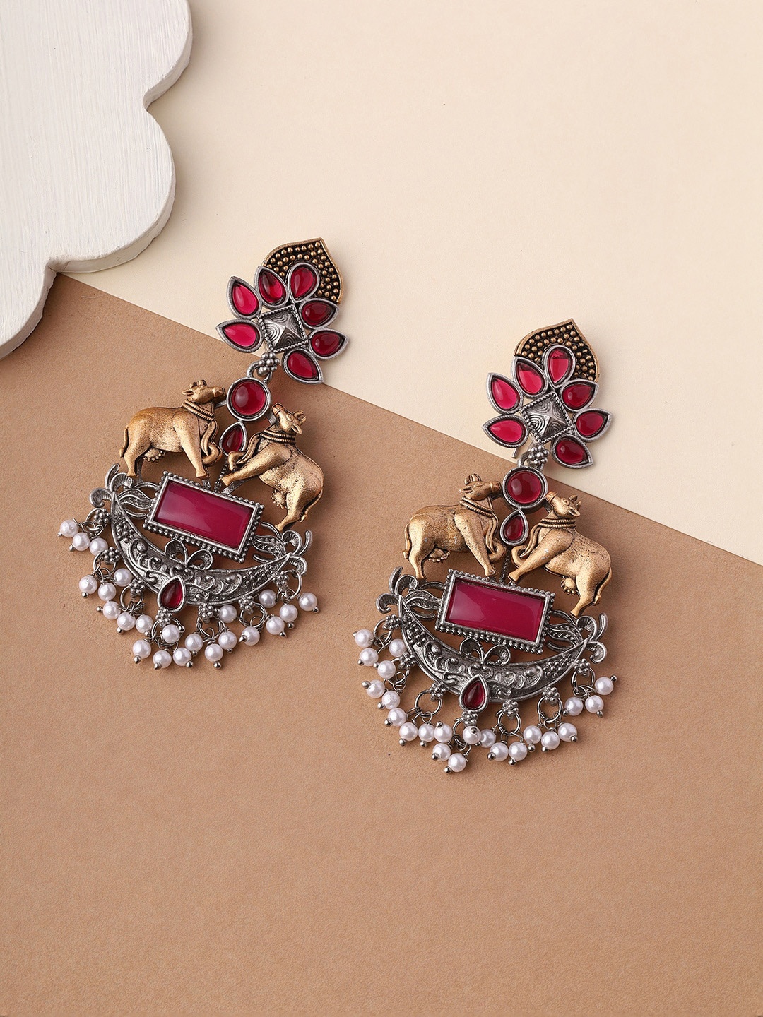 

Priyaasi Silver-Plated Artificial Stoned Oxidized Drop Earrings