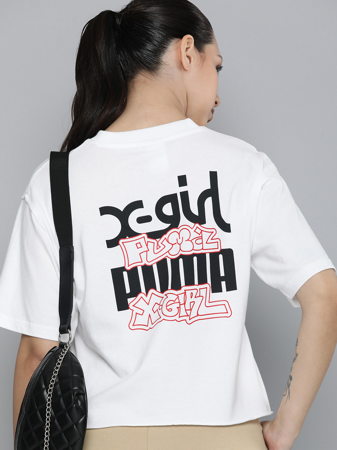 

Puma x X-GIRL Women Brand Logo Printed Drop-Shoulder Sleeves Pure Cotton T-shirt, White