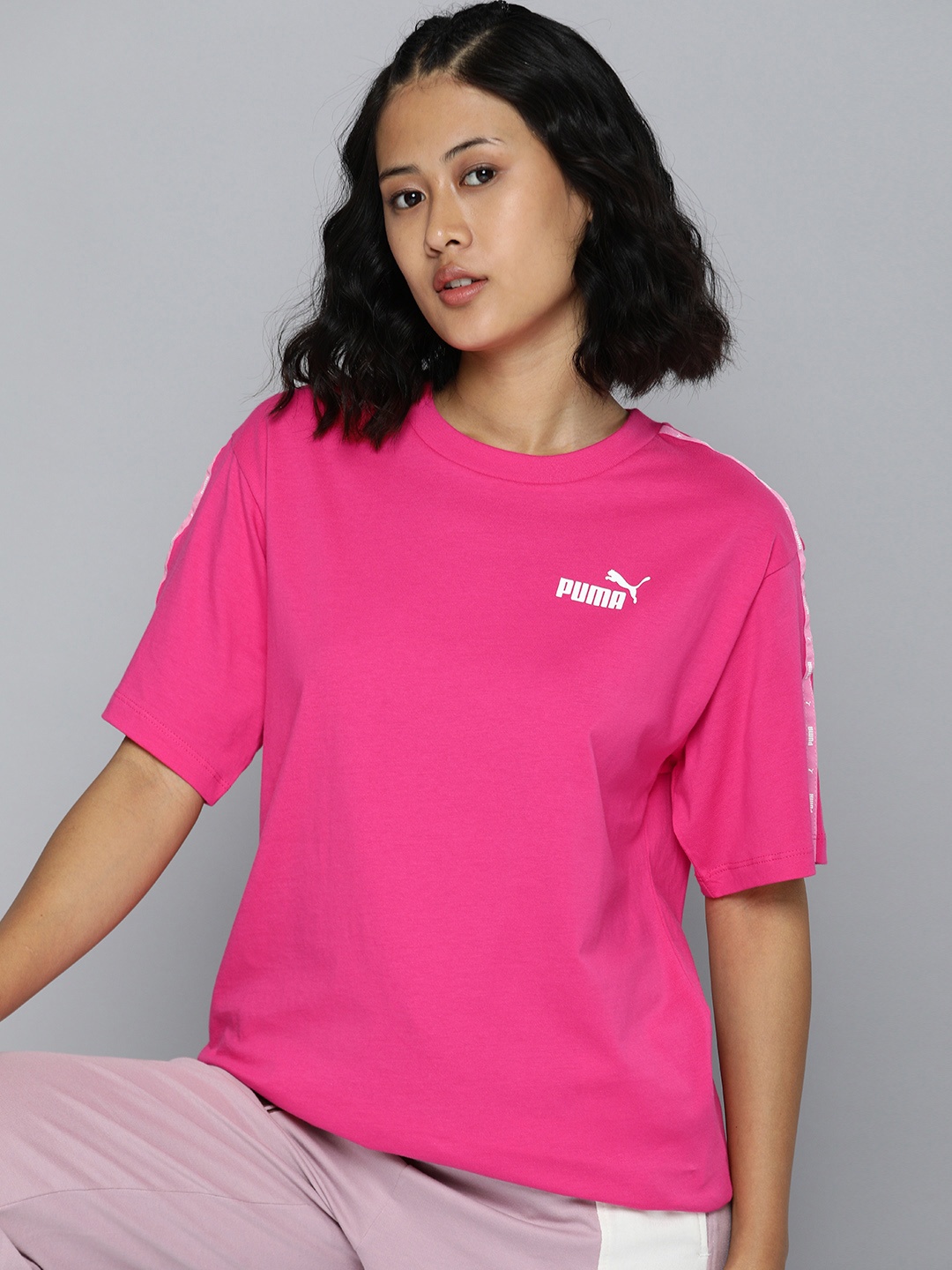 

Puma Drop-Shoulder Sleeves Essentials TAPE Relaxed Fit Pure Cotton T-shirt, Pink
