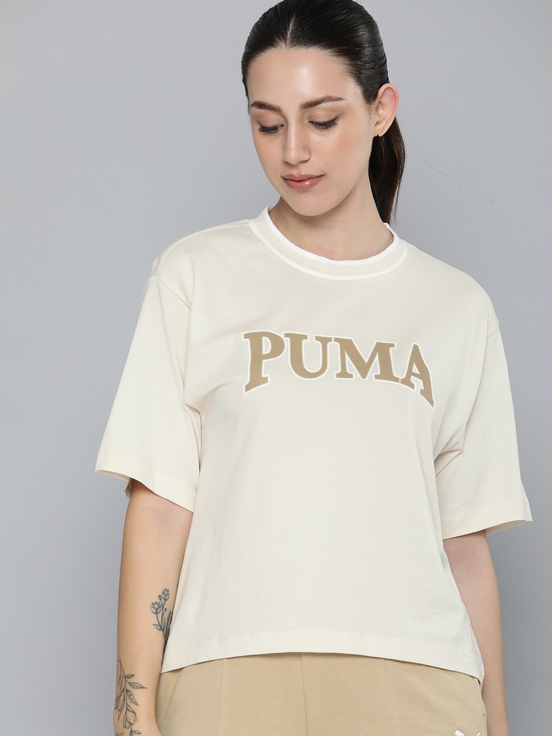 

Puma Women PUMA SQUAD Brand Logo Printed Drop-Shoulder Sleeves Pure Cotton T-shirt, Beige