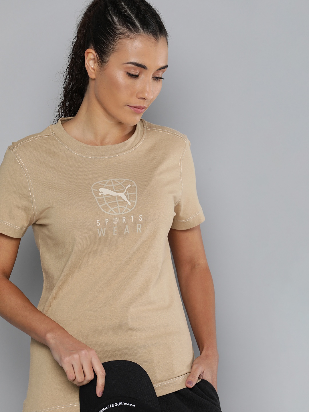 

Puma Women BETTER SPORTSWEAR Brand Logo Printed Pure Cotton T-shirt, Beige