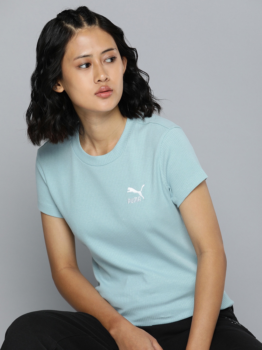 

Puma Brand Logo Embroidered Ribbed Slim Fit T-shirt, Blue