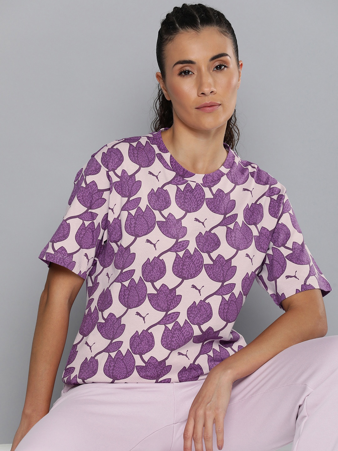 

Puma BLOSSOM Floral Printed Drop-Shoulder Sleeves Pure Cotton T-shirt, Purple