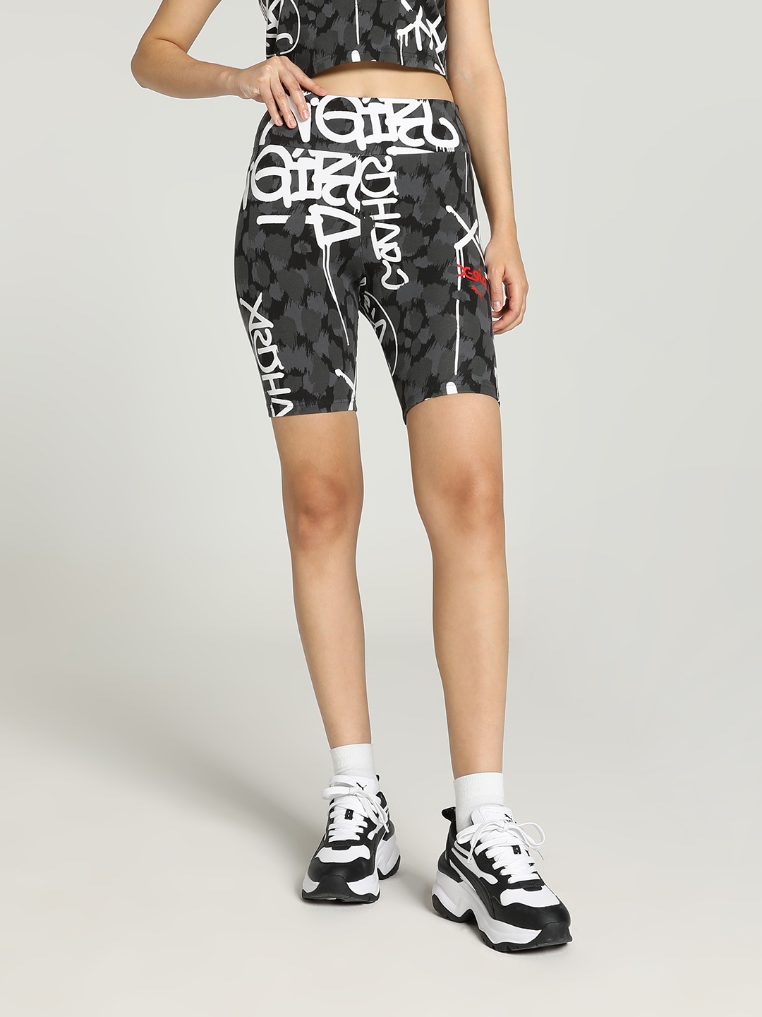 

PUMA x X-GIRL Slim Fit Abstract Printed Short Tights, Black