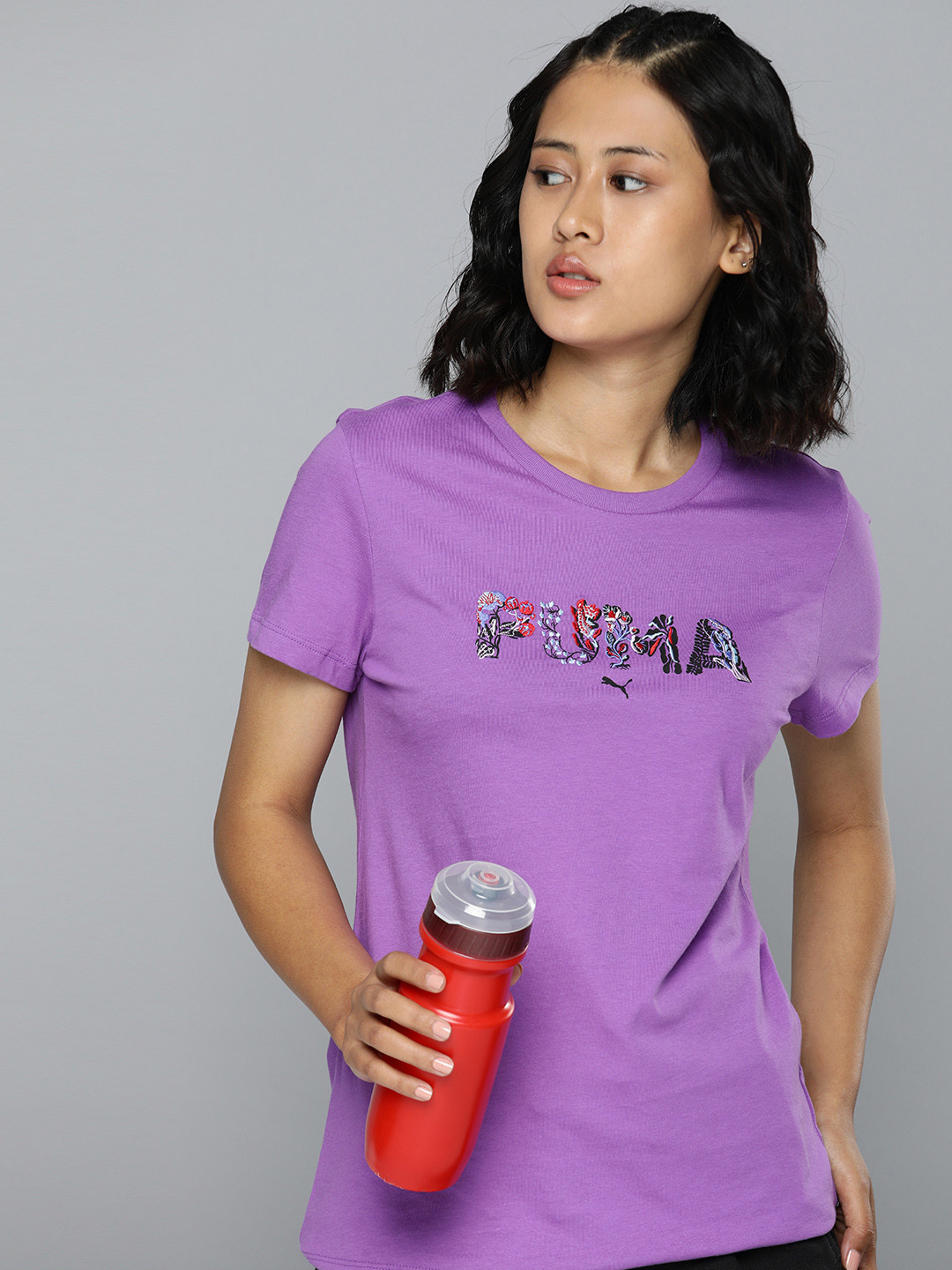 

Puma Graphics Shape of Flora Brand Logo Embroidered Pure Cotton T-shirt, Purple