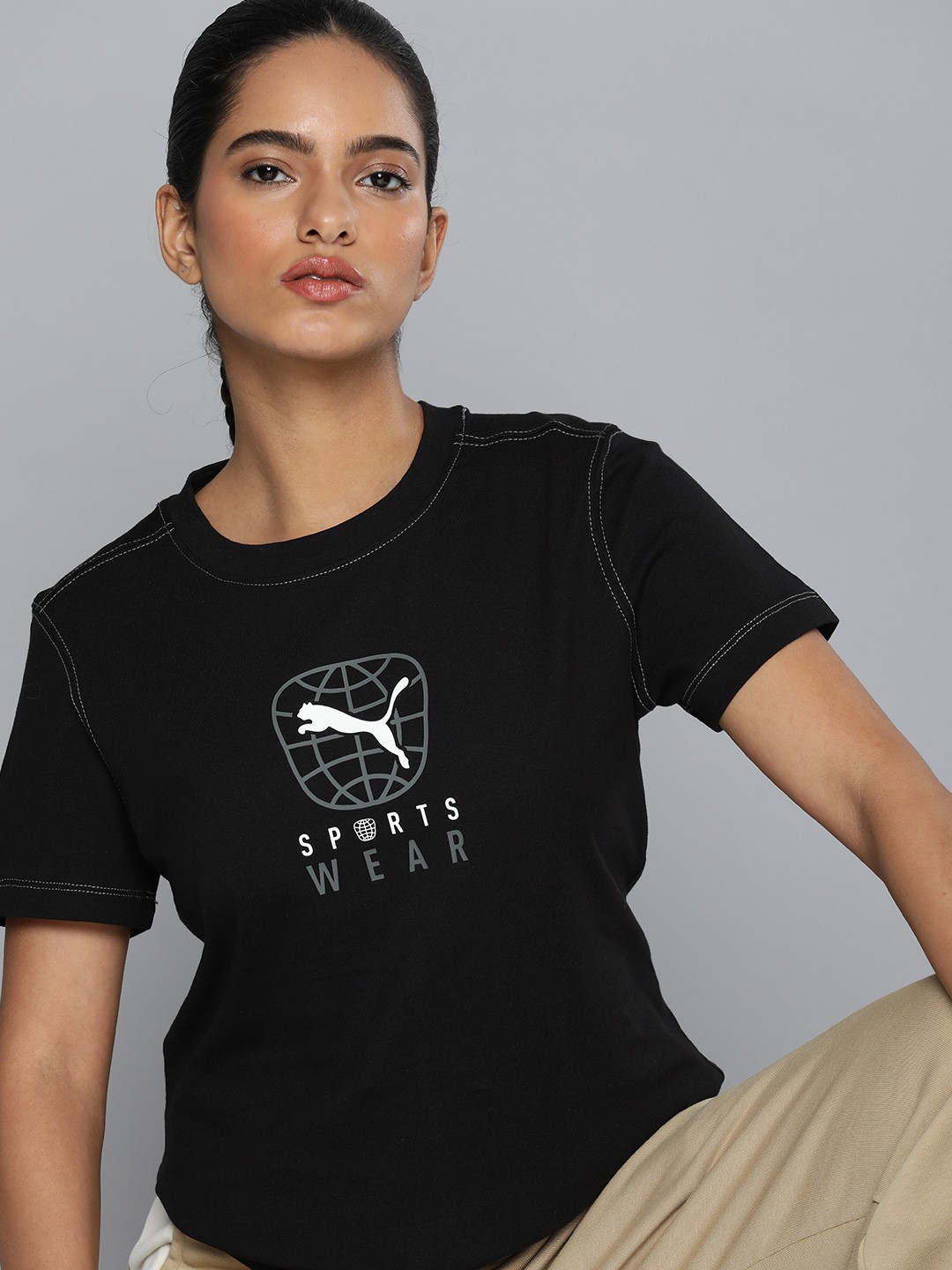 

Puma Women BETTER SPORTSWEAR Brand Logo Printed Pure Cotton T-shirt, Black