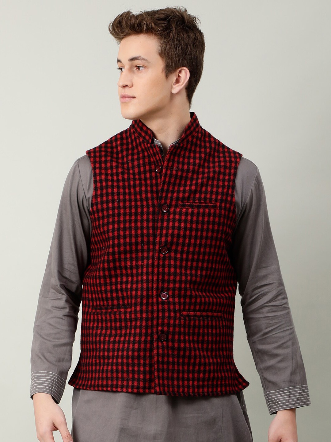 

NAVIYATA Checked Woven Nehru Jacket, Red