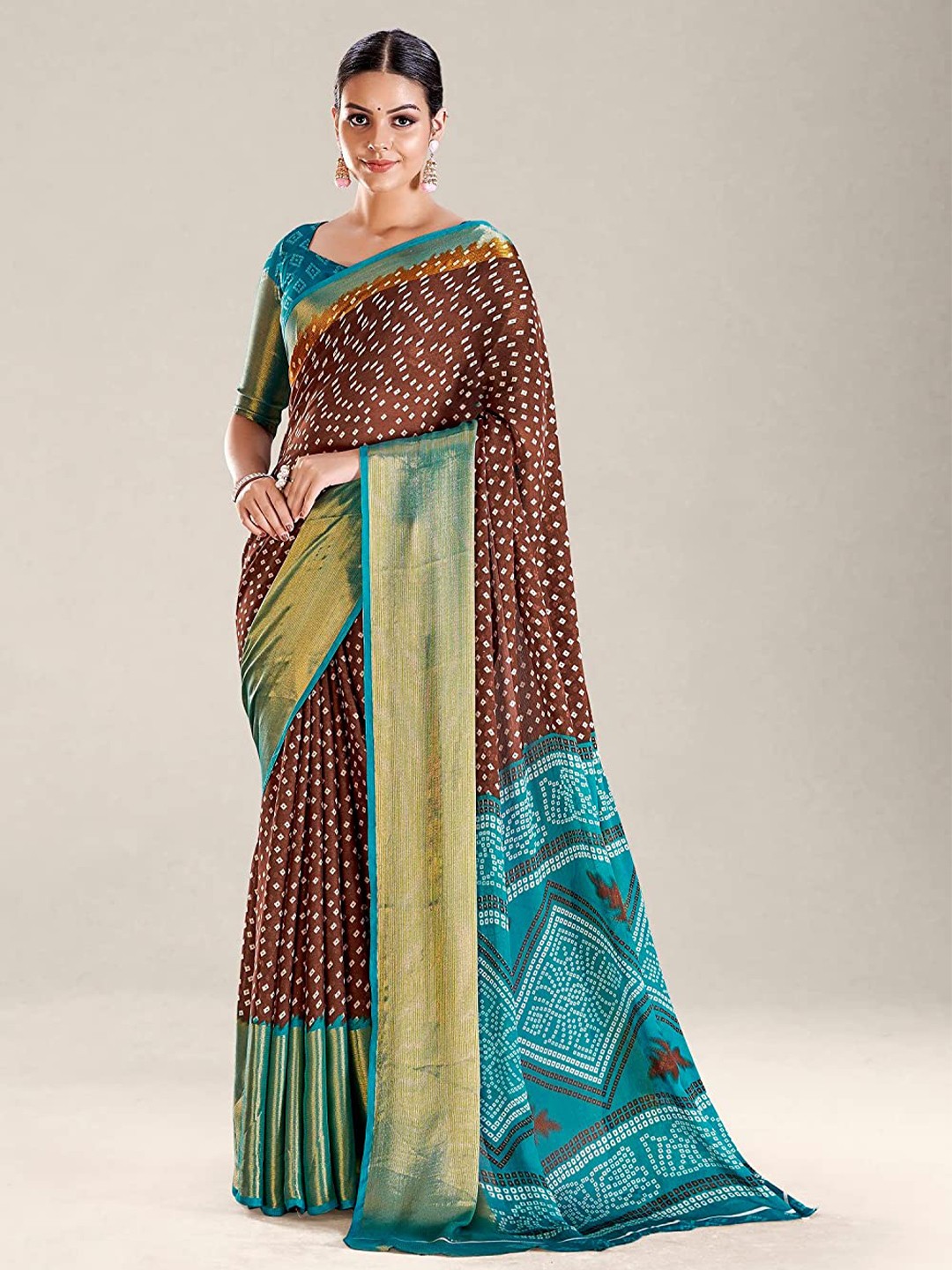 

Mitera Bandhani Printed Zari Silk Cotton Paithani Saree, Brown