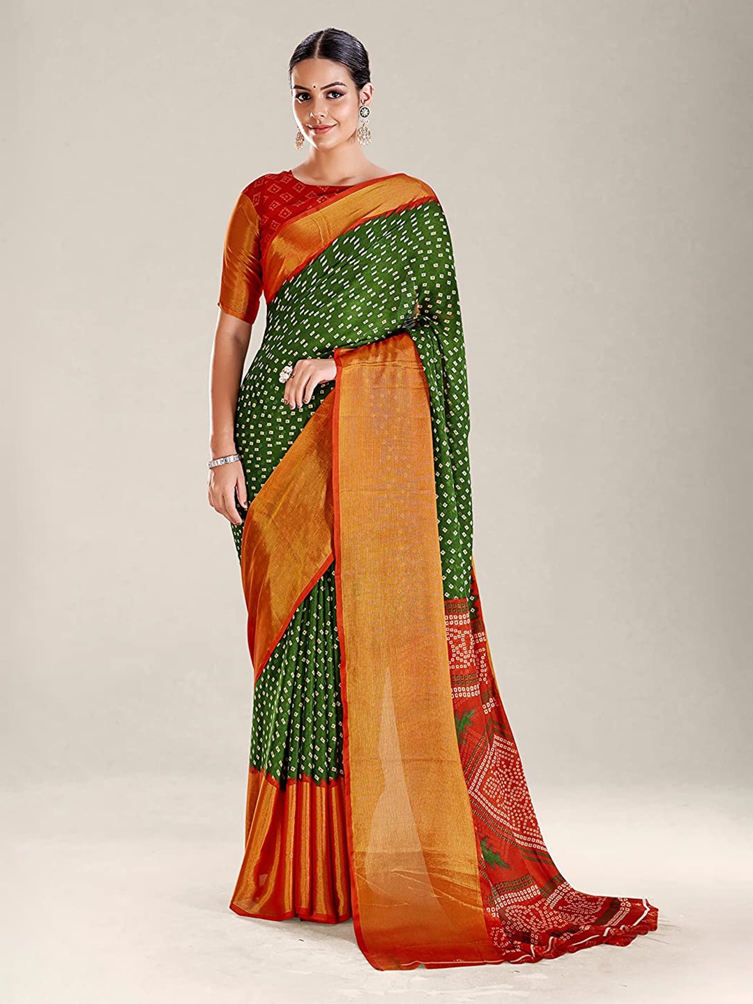 

Mitera Bandhani Zari Silk Cotton Paithani Saree, Green