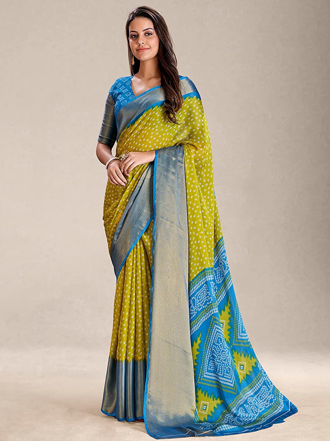 

Mitera Bandhani Printed Zari Silk Cotton Paithani Saree, Green