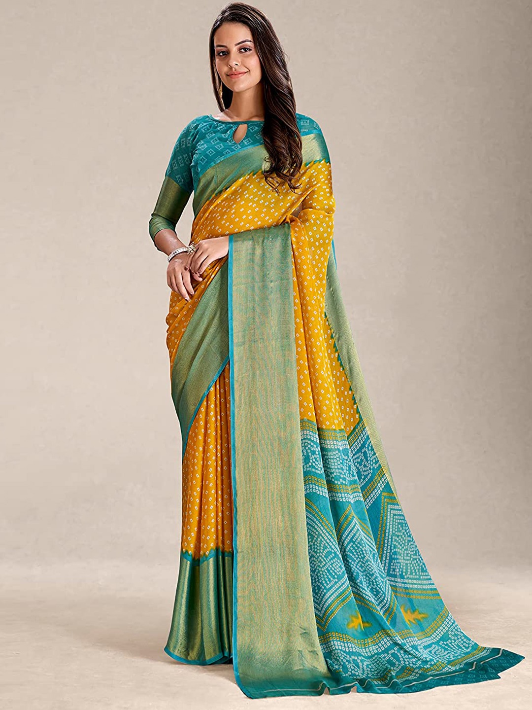 

Mitera Bandhani Zari Silk Cotton Paithani Saree, Mustard