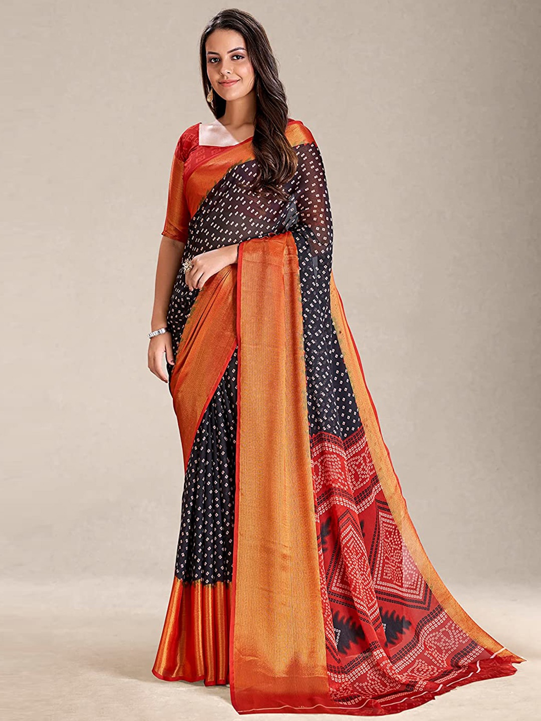 

Mitera Bandhani Printed Zari Silk Cotton Saree, Black