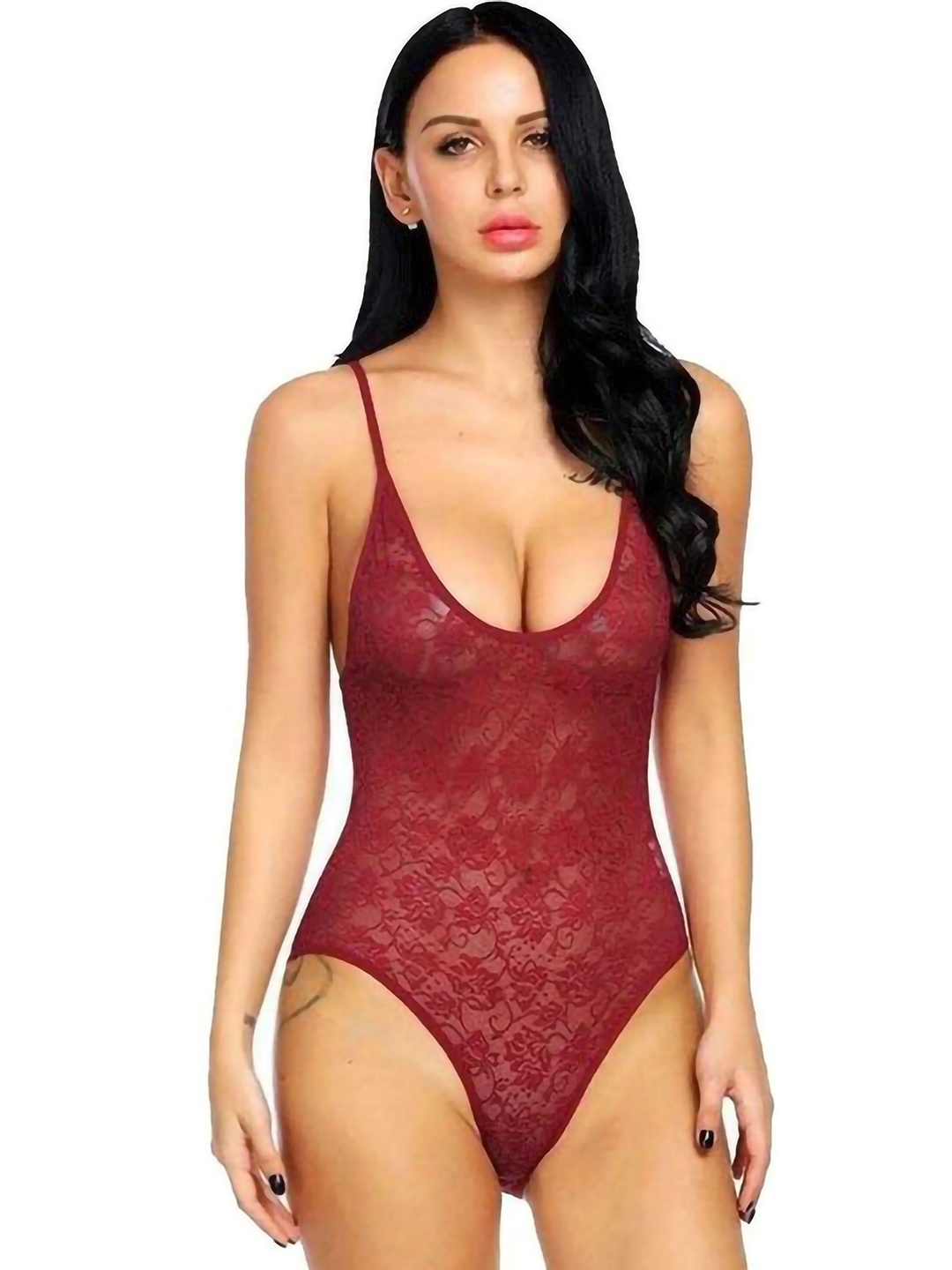 

PIBU Self Design Shoulder Straps Net Baby Doll, Maroon