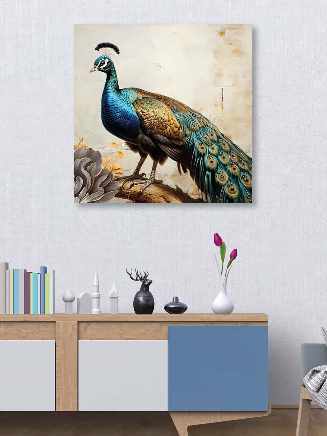 

OLIVE TREE Blue & Green Peacock Canvas Framed Painting Wall Art