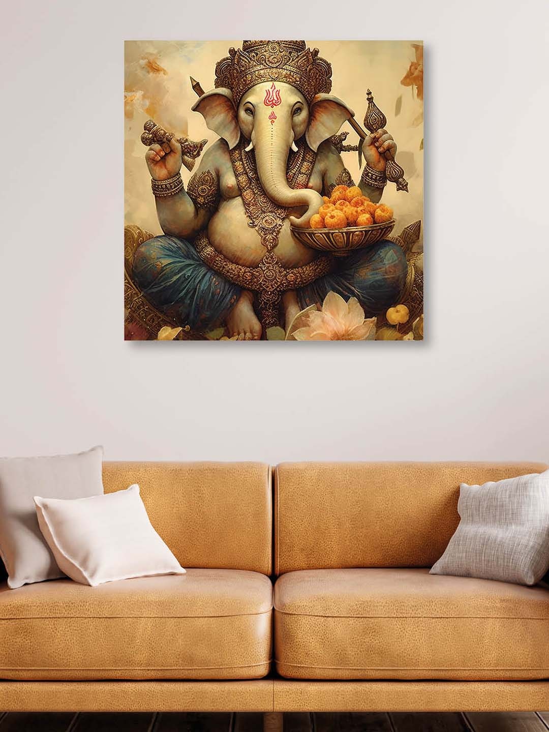 

OLIVE TREE Gold-Toned & Blue Lord Ganesha Canvas Framed Painting Wall Art