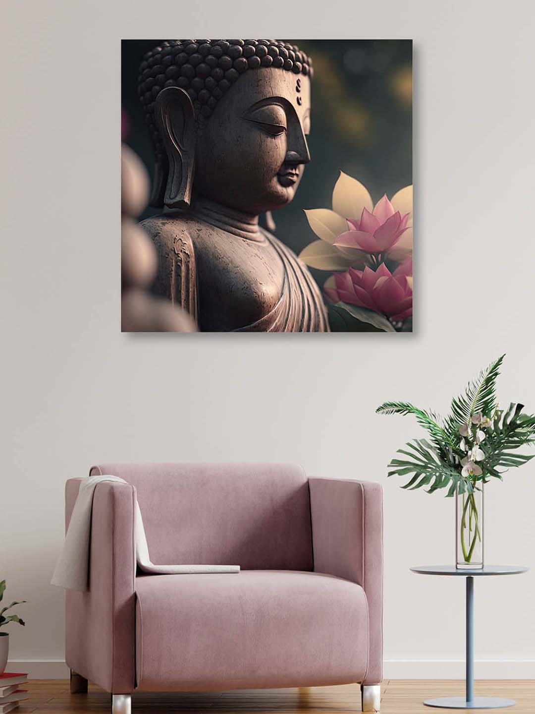 

OLIVE TREE Pink & White Buddha Canvas Framed Painting Wall Art
