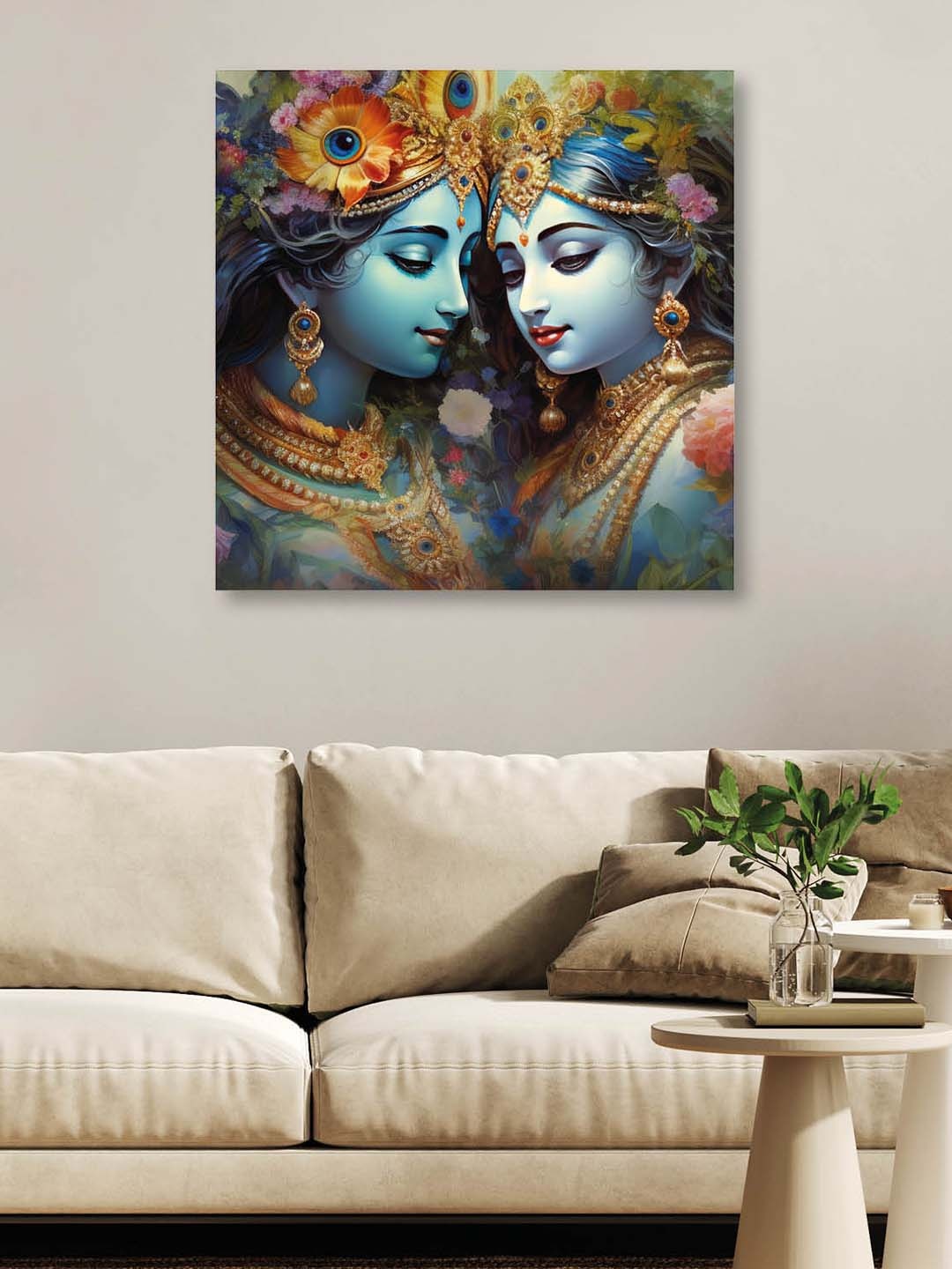 

OLIVE TREE Blue & Beige Radhakrishna Canvas Framed Painting Wall Art