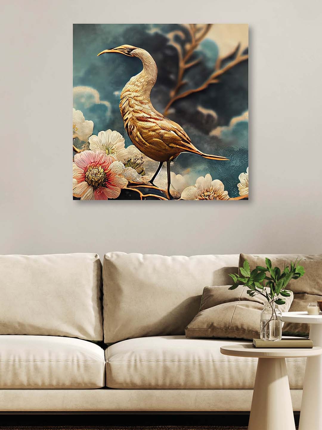 

OLIVE TREE Brown & Pink Bird & Flowers Canvas Framed Painting Wall Art