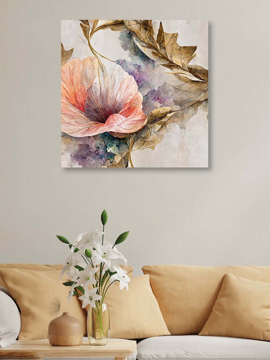 

OLIVE TREE Peach-Coloured & Purple Flower Canvas Framed Painting Wall Art