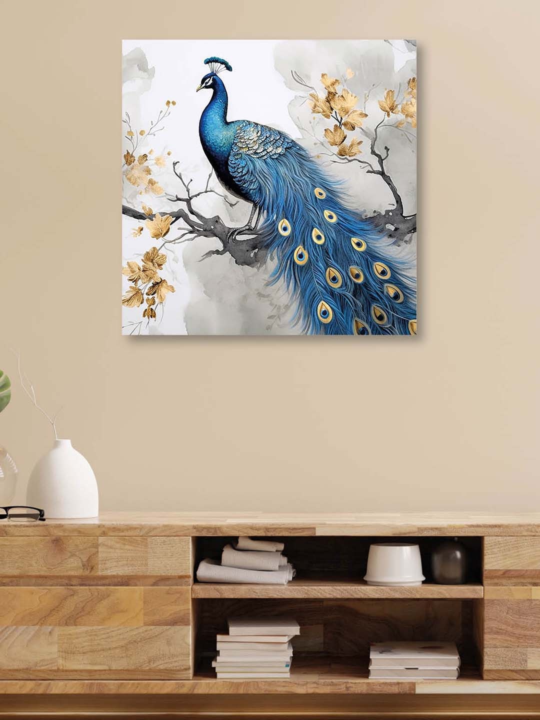 

OLIVE TREE Blue & Yellow Peacock Canvas Framed Painting Wall Art
