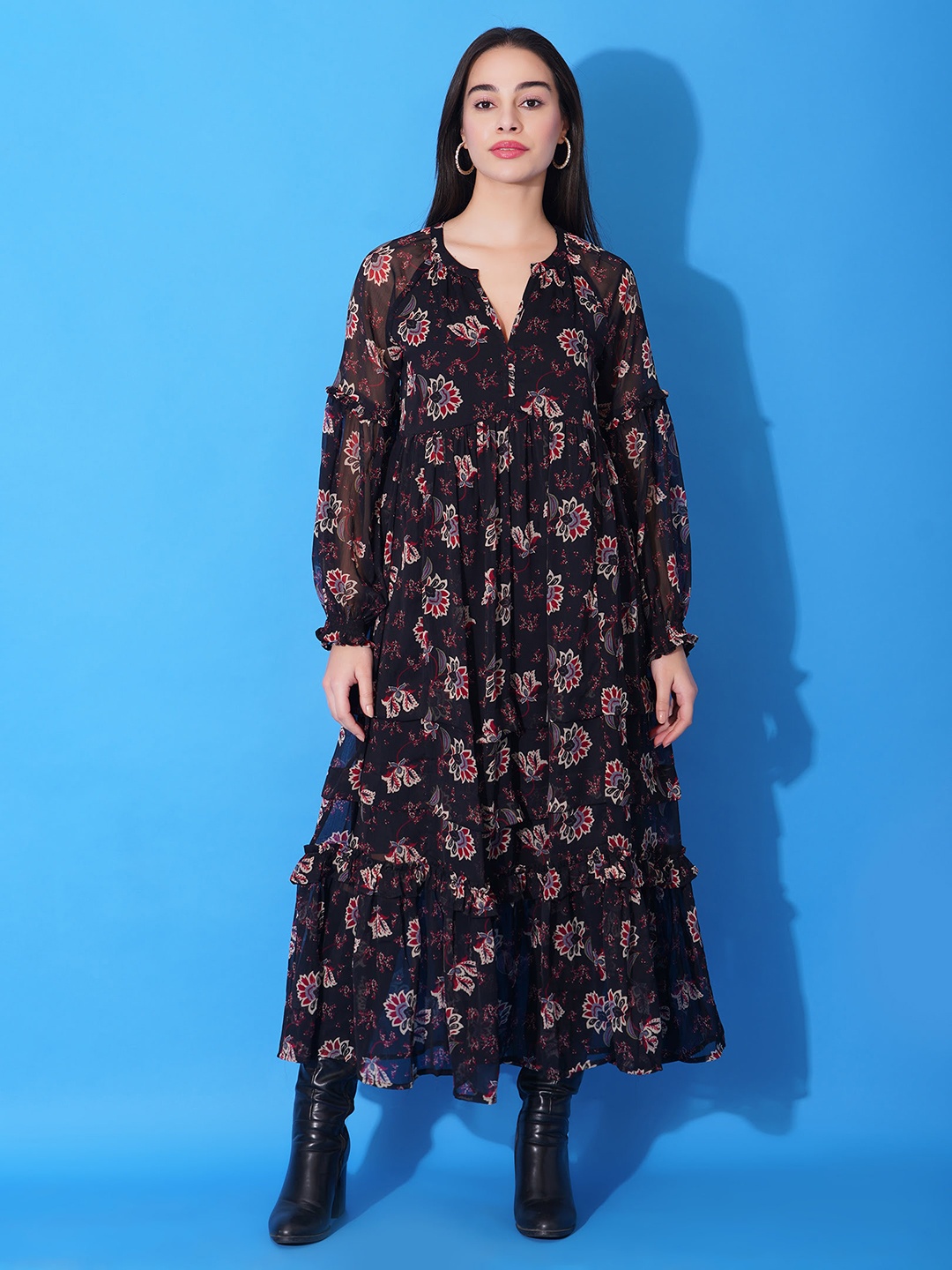 

DEBONATELLA Floral Printed Notched Neck Georgette Maxi Dress, Black