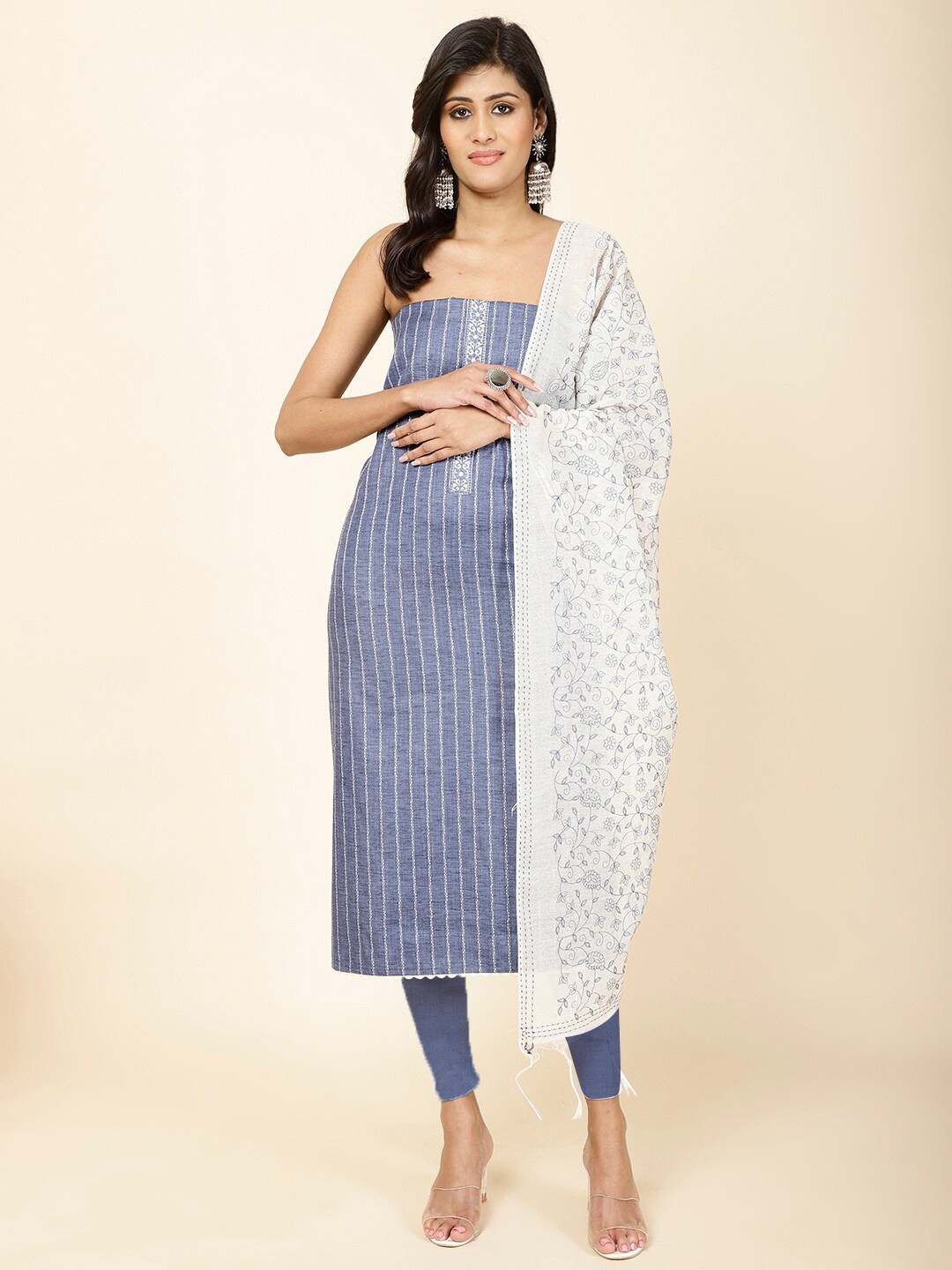 

Meena Bazaar Ethnic Motifs Embroidered Unstitched Dress Material, Blue