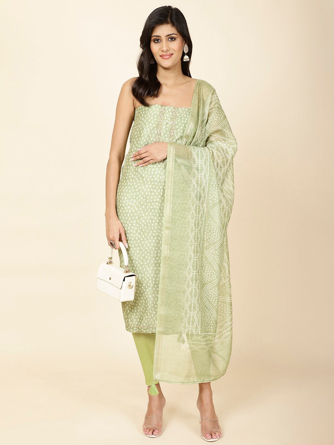 

Meena Bazaar Bandhani Printed Art Silk Unstitched Dress Material, Green