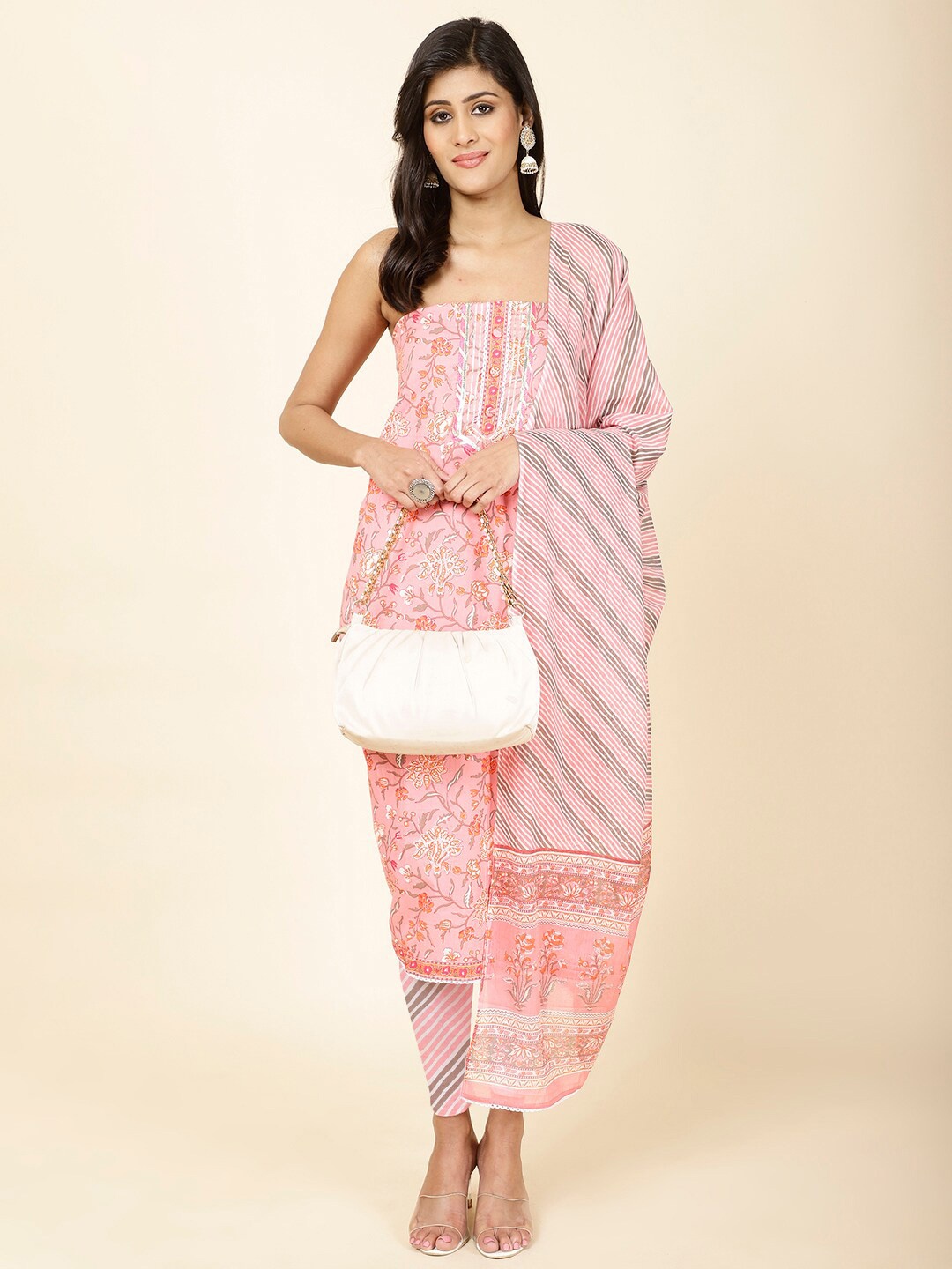 

Meena Bazaar Floral Printed Unstitched Dress Material, Pink