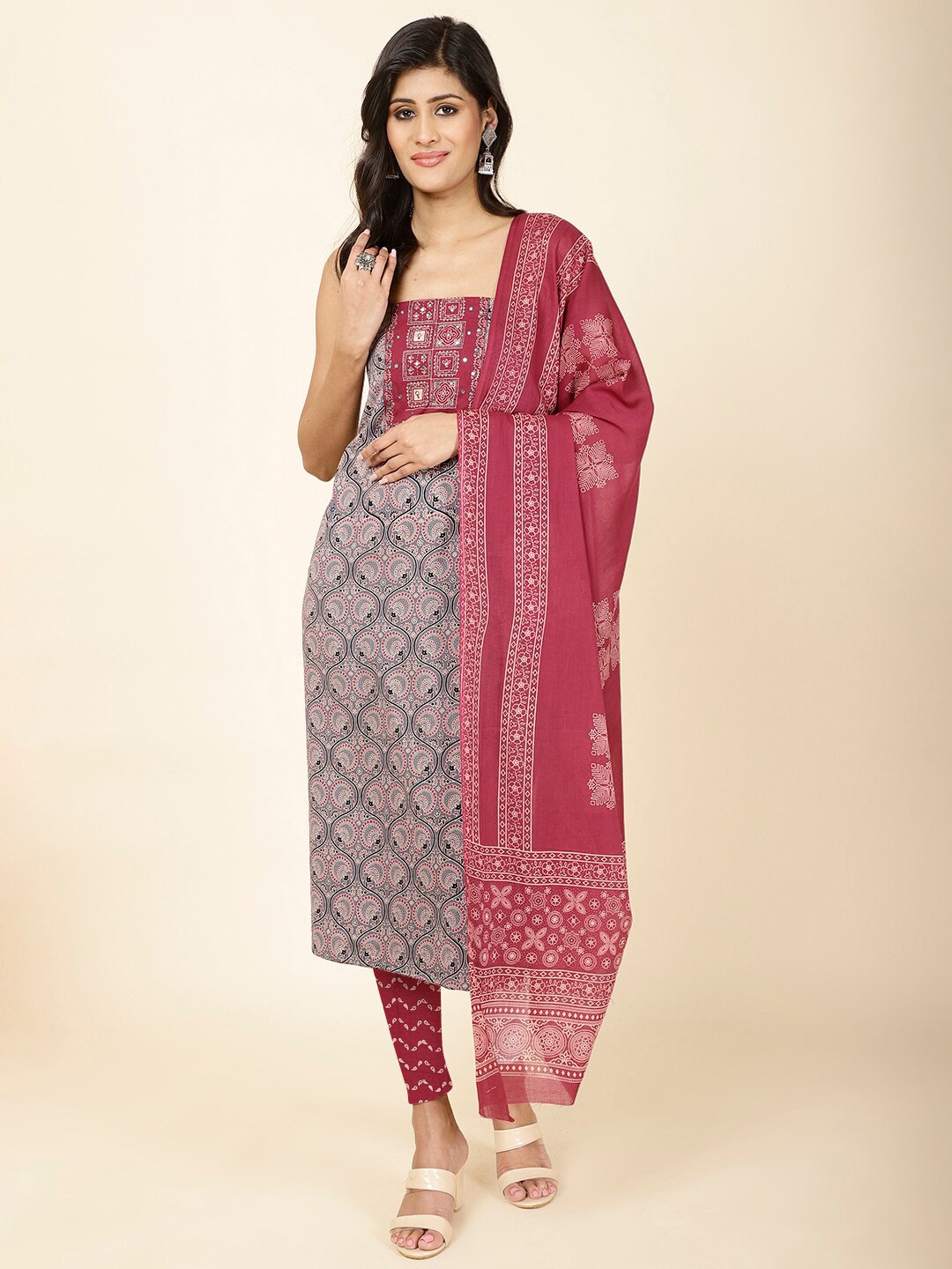 

Meena Bazaar Ethnic Motifs Printed Mirror Work Unstitched Dress Material, Grey