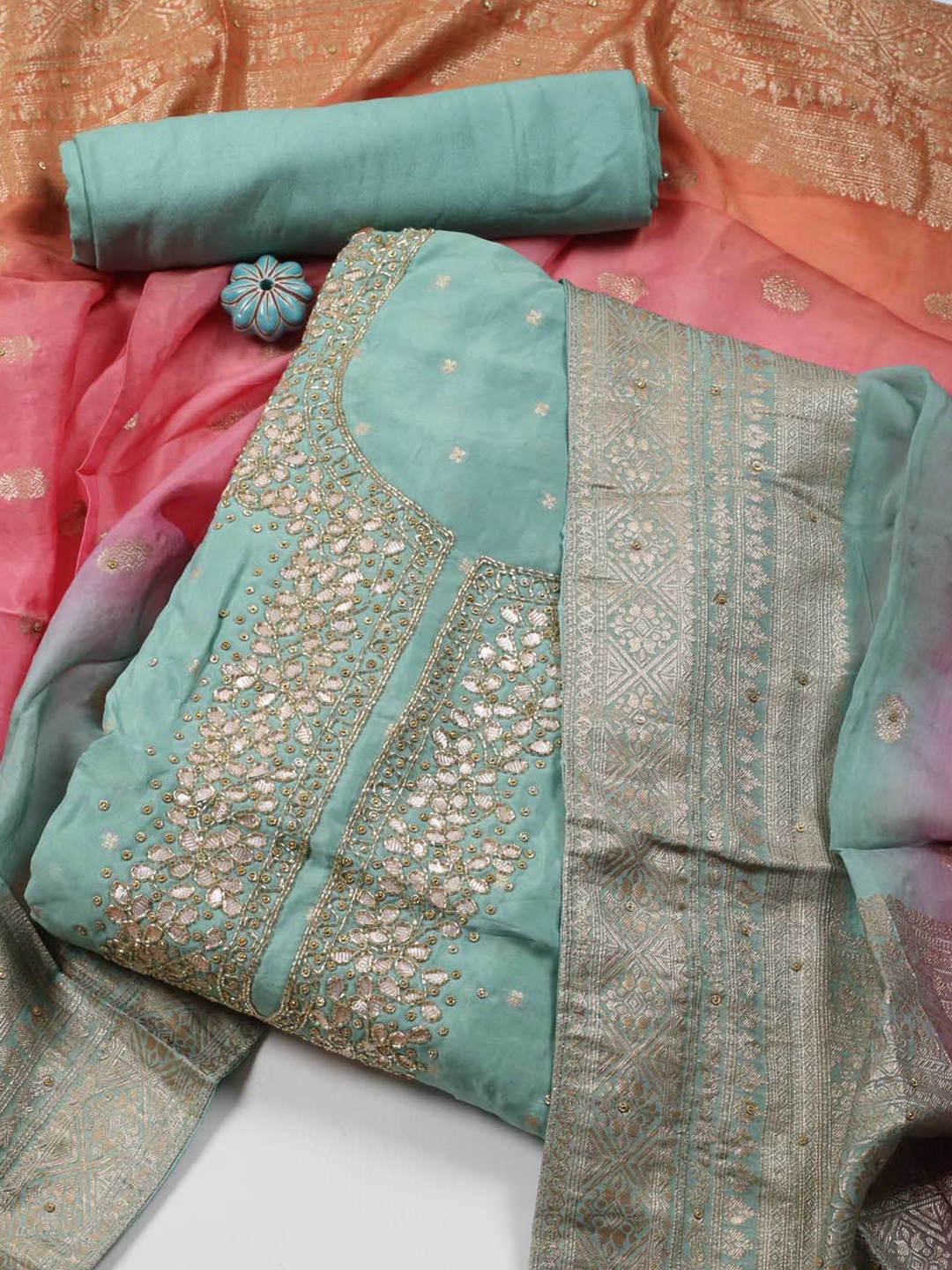 

Meena Bazaar Ethnic Motifs Embroidered Sequinned Unstitched Dress Material, Blue