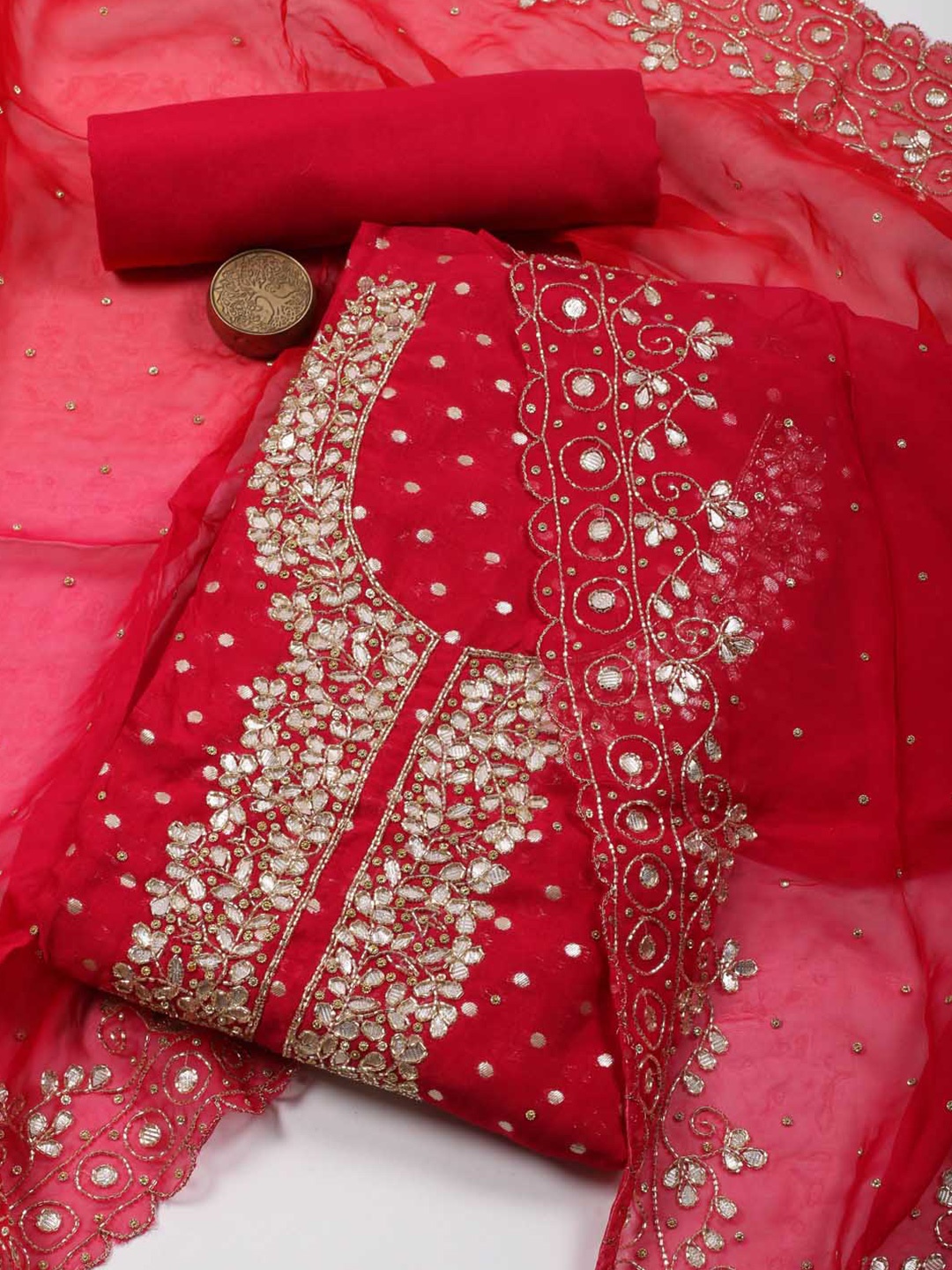 

Meena Bazaar Floral Embroidered Beads & Stones Unstitched Dress Material, Red