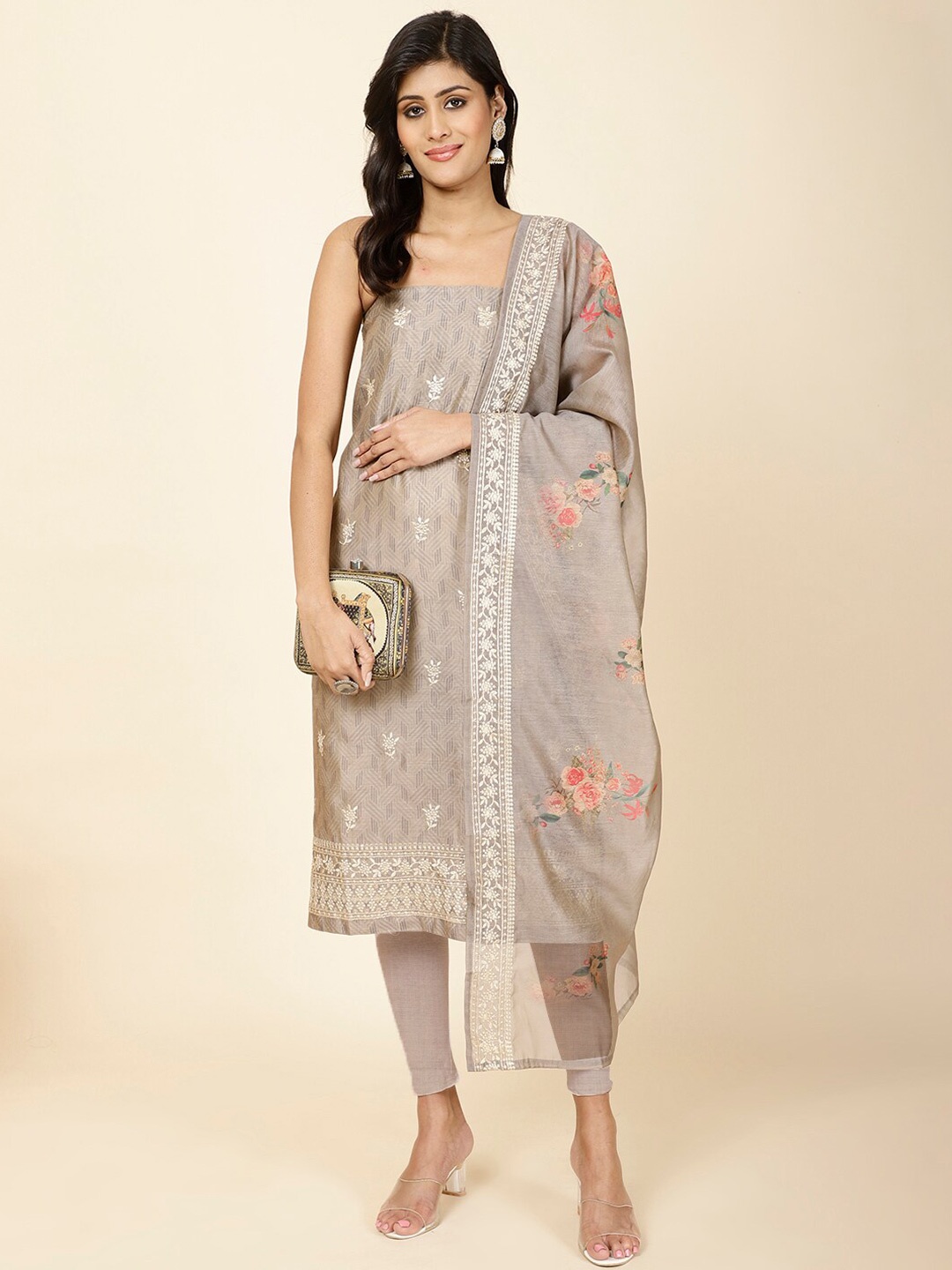

Meena Bazaar Floral Printed Art Silk Unstitched Dress Material, Brown