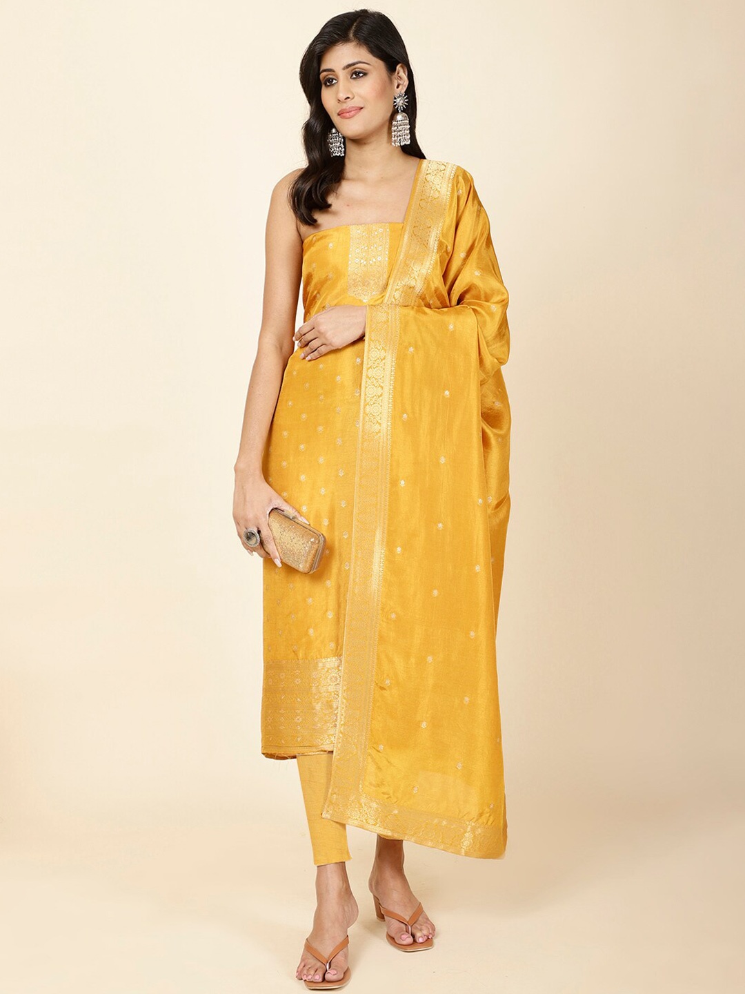 

Meena Bazaar Floral Woven Design Zari Unstitched Dress Material, Mustard