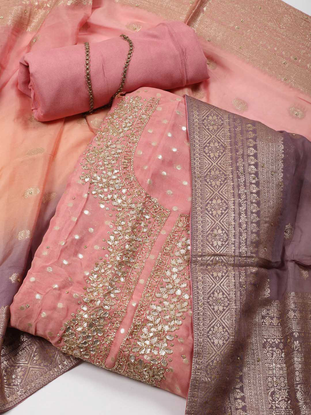 

Meena Bazaar Geometric Woven Design Organza Unstitched Dress Material, Cream