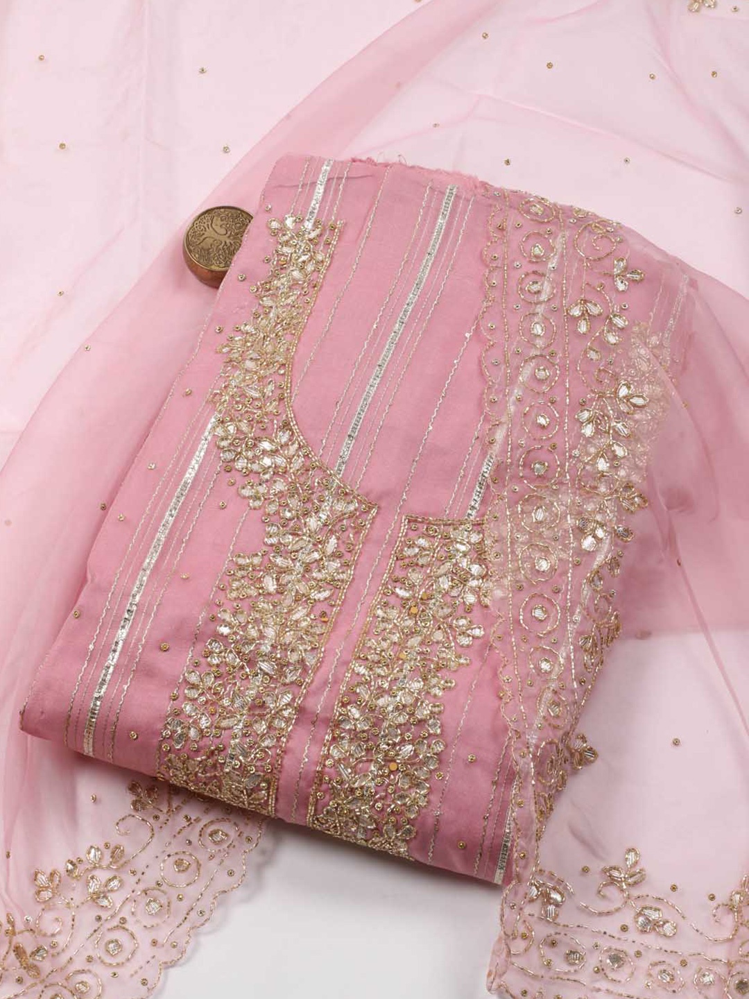 

Meena Bazaar Floral Embellished Unstitched Dress Material, Pink