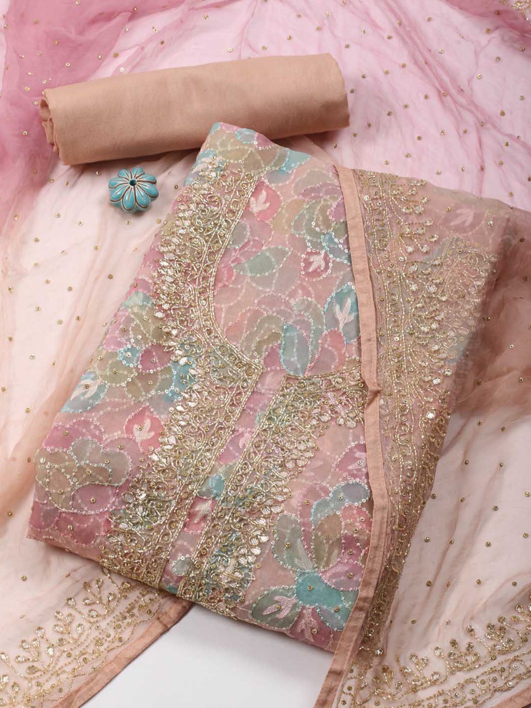 

Meena Bazaar Floral Embroidered Beads & Stones Unstitched Dress Material, Pink