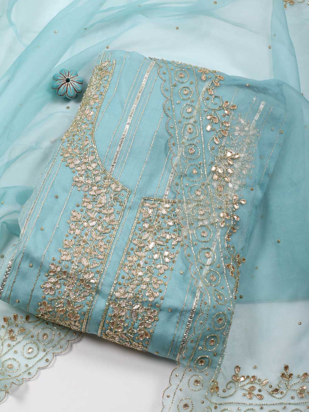 

Meena Bazaar Ethnic Motifs Embroidered Unstitched Dress Material, Blue