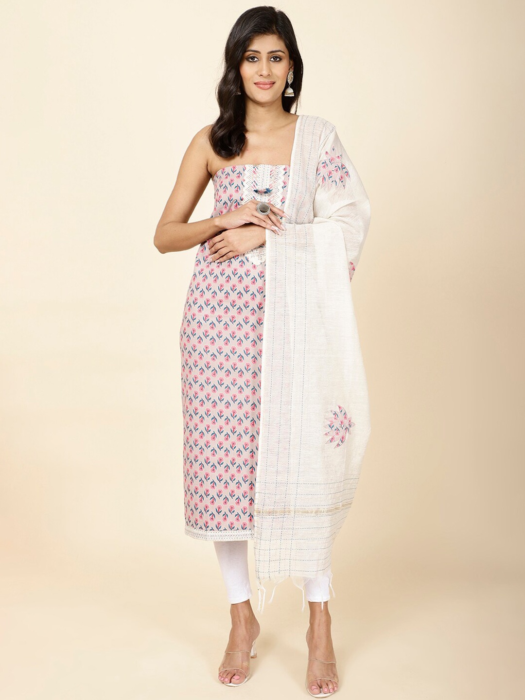 

Meena Bazaar Floral Printed Thread Work Unstitched Dress Material, Pink