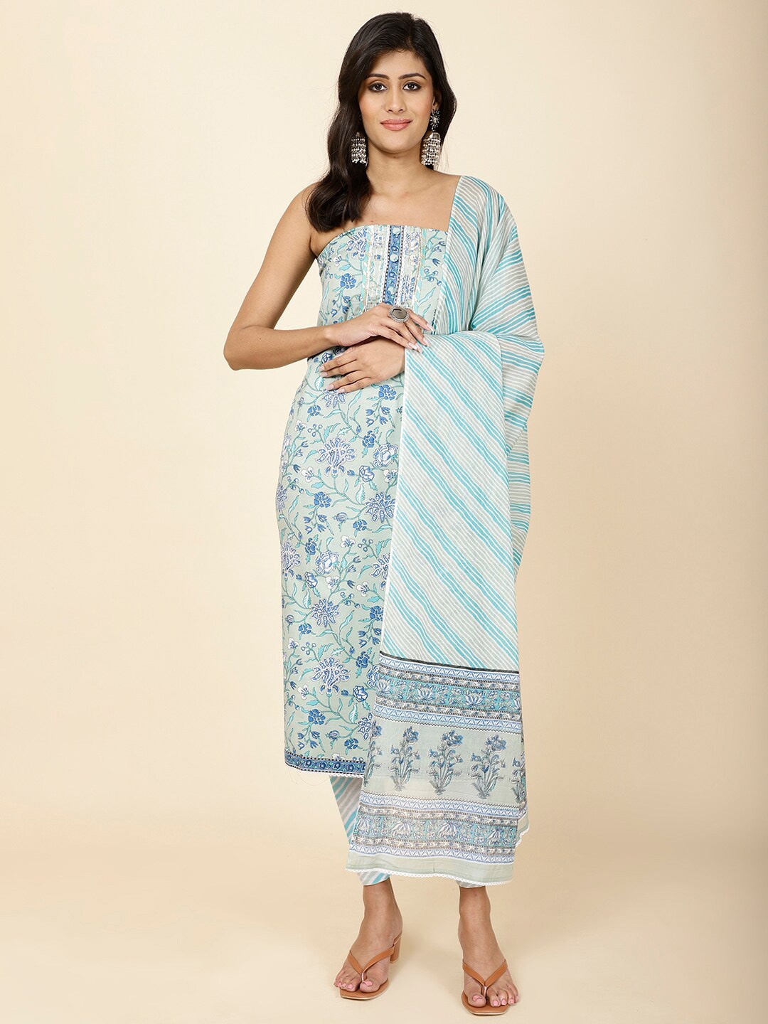 

Meena Bazaar Ethnic Motifs Printed Gotta Patti Unstitched Dress Material, Blue