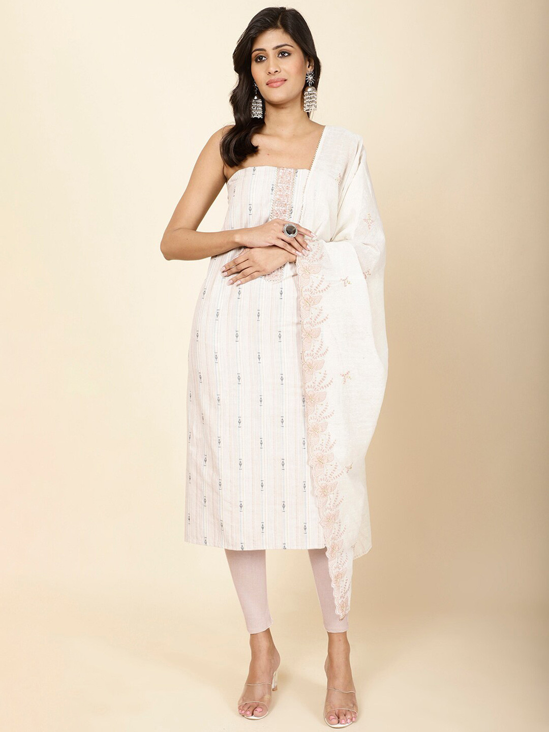 

Meena Bazaar Ethnic Motifs Embroidered Unstitched Dress Material, Cream