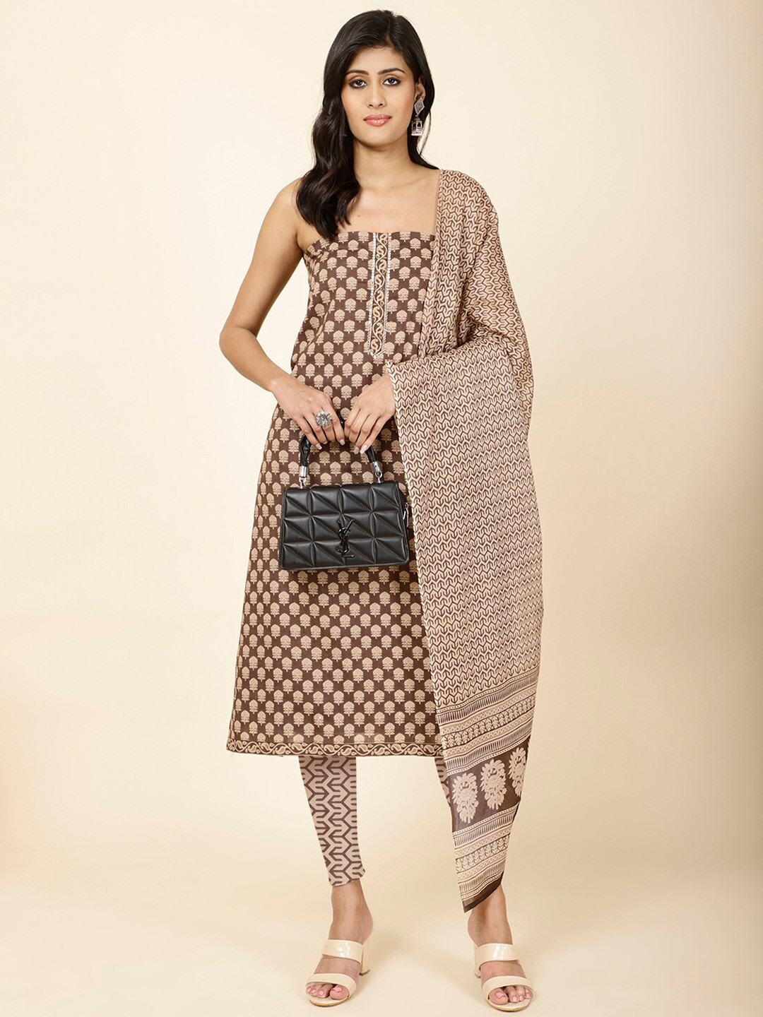

Meena Bazaar Ethnic Motifs Printed Unstitched Dress Material, Brown