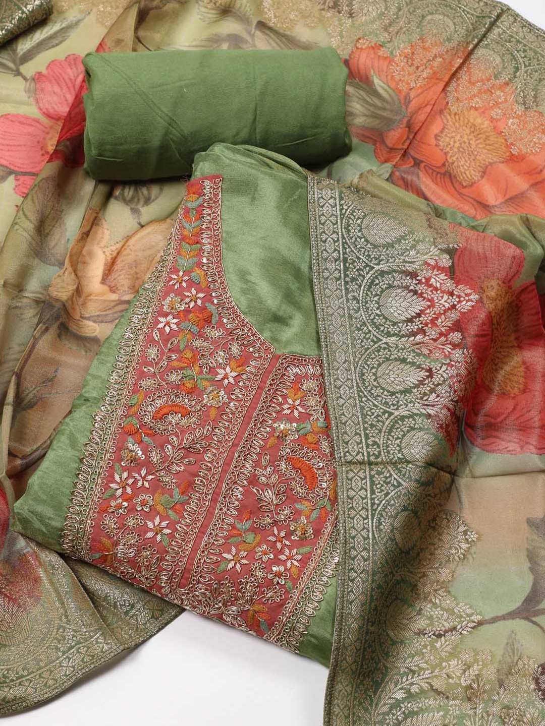 

Meena Bazaar Organza Unstitched Dress Material, Green
