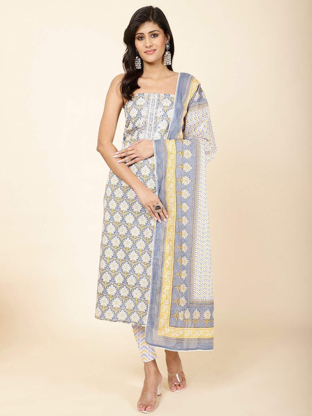 

Meena Bazaar Floral Printed Mirror Work Unstitched Dress Material, Grey