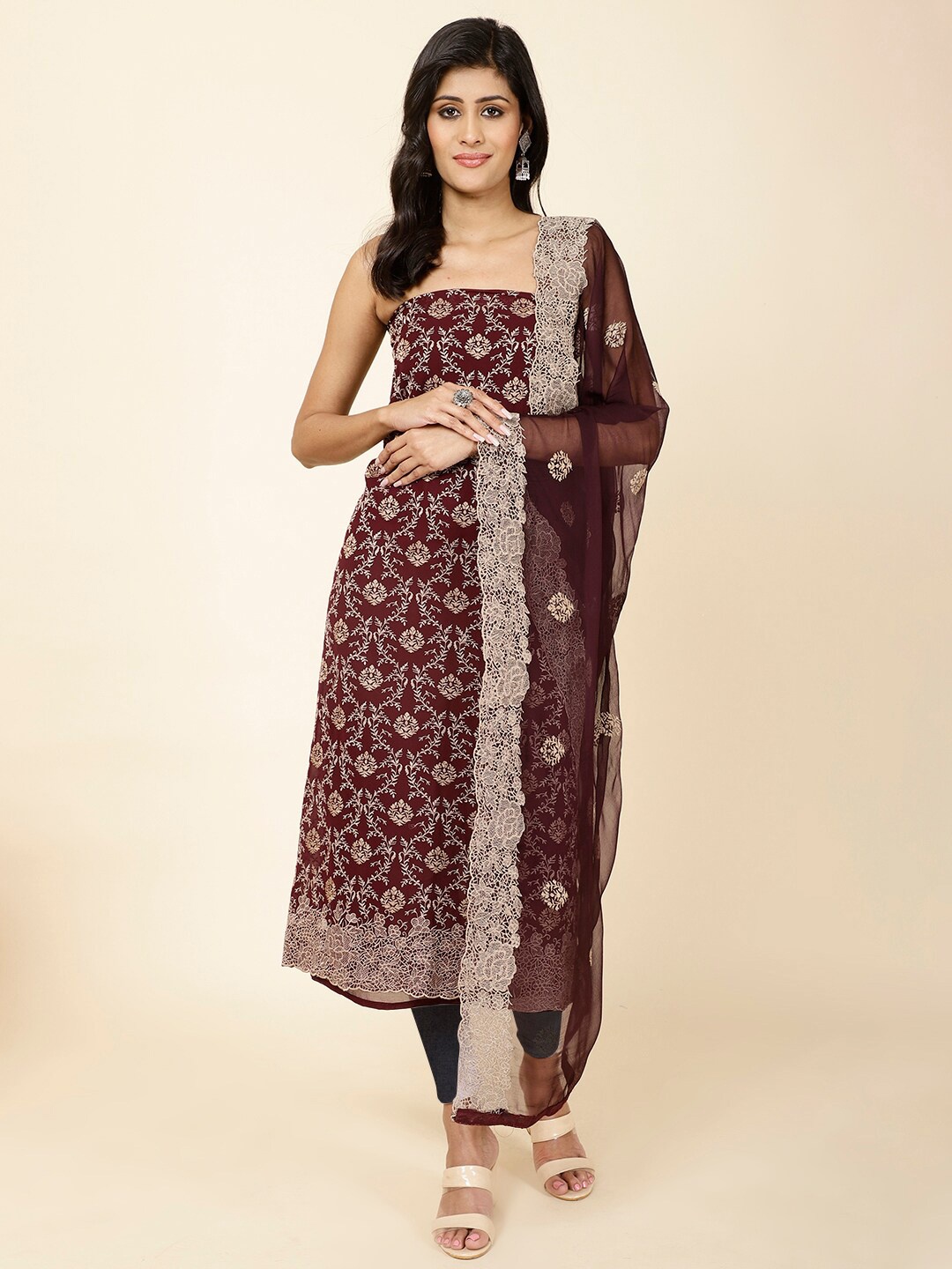 

Meena Bazaar Ethnic Motifs Embroidered Unstitched Dress Material, Burgundy