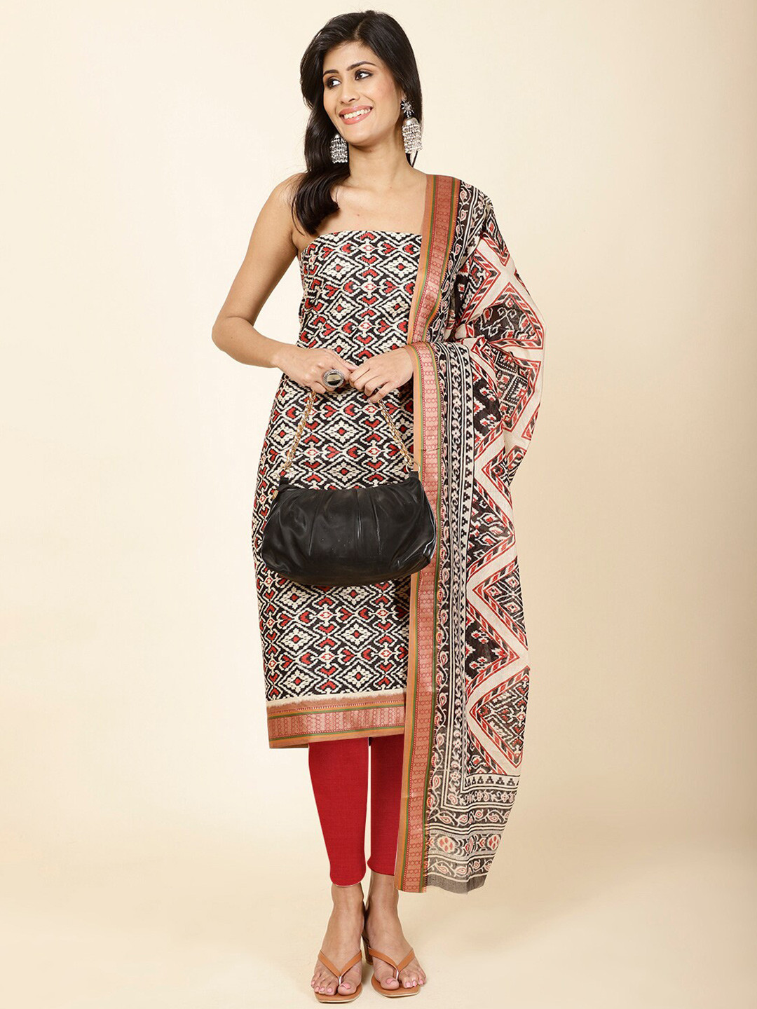 

Meena Bazaar Ethnic Motifs Printed Unstitched Dress Material, Black