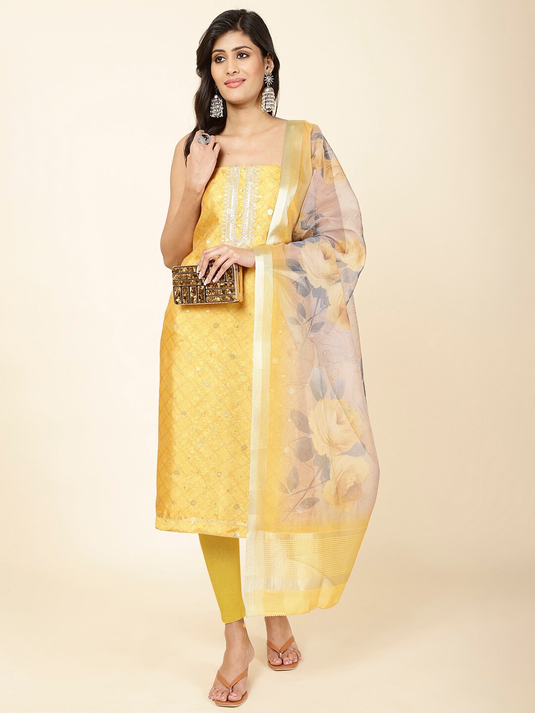 

Meena Bazaar Ethnic Motifs Printed Zari Unstitched Dress Material, Mustard