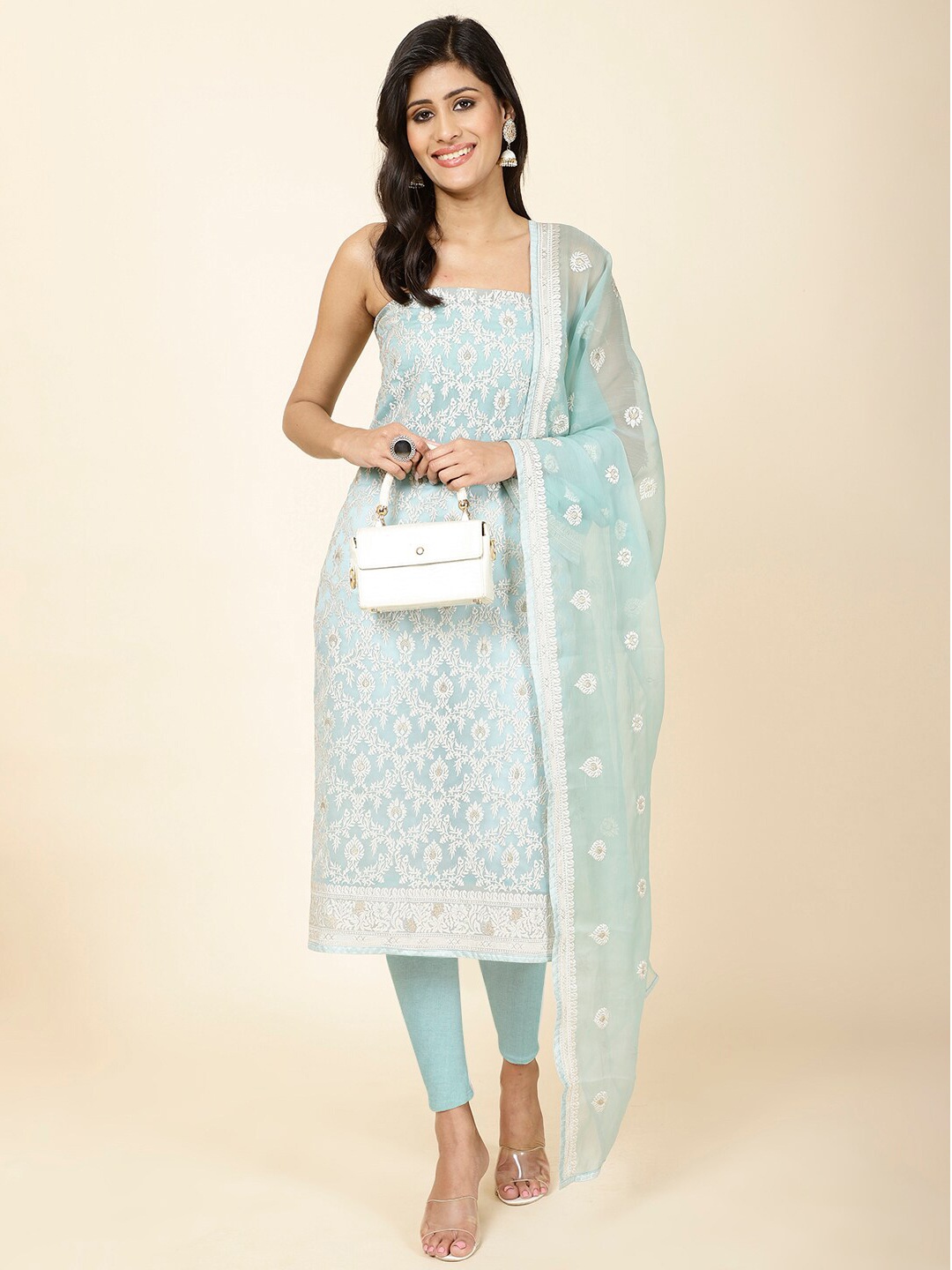

Meena Bazaar Ethnic Motifs Embroidered Unstitched Dress Material, Sea green