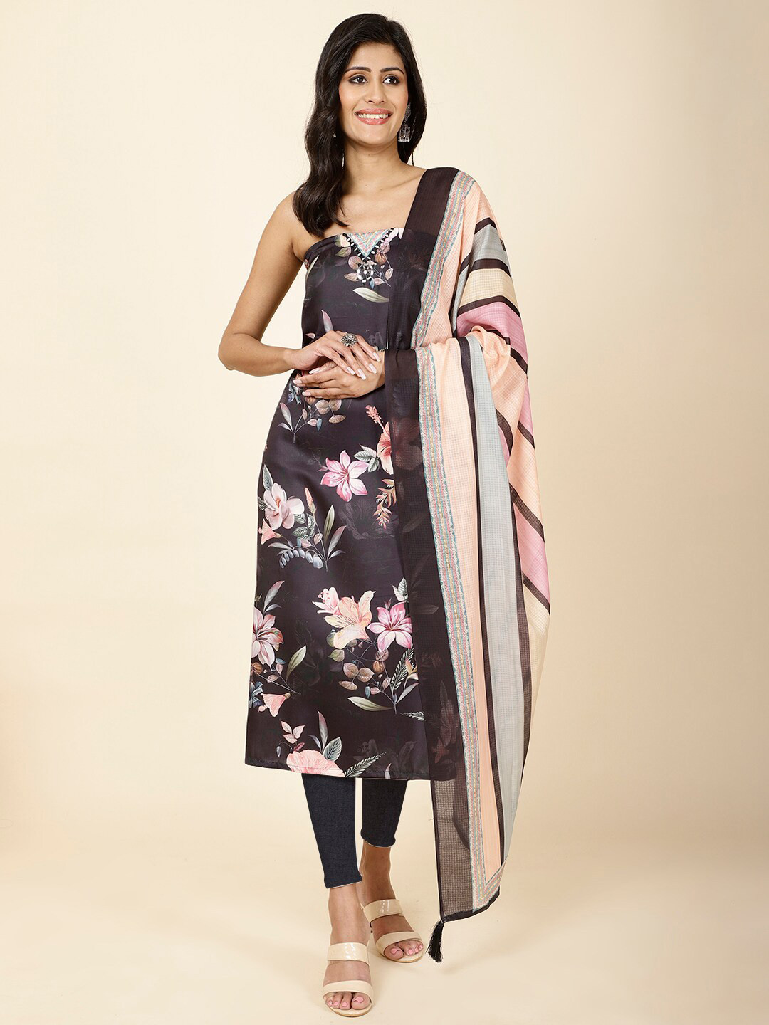 

Meena Bazaar Floral Printed Mirror Work Unstitched Dress Material, Black